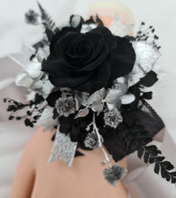 Load image into Gallery viewer, Preserved black rose & silver corsage – school formal, prom, graduation