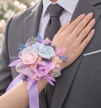 Load image into Gallery viewer, Preserved flowers pastel colour corsage blue, pink & violet – school formal, prom, graduation
