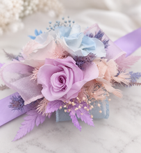 Load image into Gallery viewer, Preserved flowers pastel colour corsage blue, pink & violet – school formal, prom, graduation