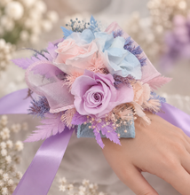 Load image into Gallery viewer, Preserved flowers pastel colour corsage blue, pink & violet – school formal, prom, graduation