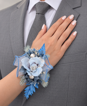 Load image into Gallery viewer, Pastel blue reflexed rose preserved flowers corsage - school formal, prom, graduation