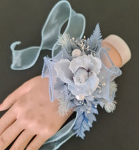 Load image into Gallery viewer, Pastel blue reflexed rose preserved flowers corsage - school formal, prom, graduation