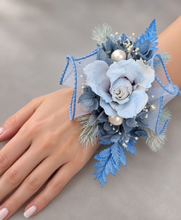 Load image into Gallery viewer, Pastel blue reflexed rose preserved flowers corsage - school formal, prom, graduation