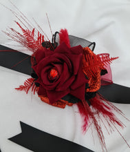 Load image into Gallery viewer, Everlasting flowers black & red corsage w glitter n crystals – school formal, prom, graduation, wedding
