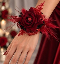 Load image into Gallery viewer, Everlasting flowers black & red corsage w glitter n crystals – school formal, prom, graduation, wedding
