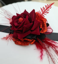 Load image into Gallery viewer, Everlasting flowers black & red corsage w glitter n crystals – school formal, prom, graduation, wedding