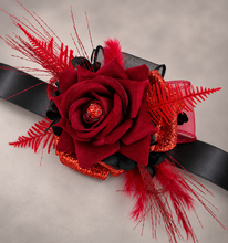 Load image into Gallery viewer, Everlasting flowers black & red corsage w glitter n crystals – school formal, prom, graduation, wedding