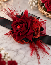 Load image into Gallery viewer, Everlasting flowers black & red corsage w glitter n crystals – school formal, prom, graduation, wedding