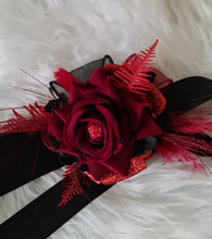 Load image into Gallery viewer, Everlasting flowers black & red corsage w glitter n crystals – school formal, prom, graduation, wedding