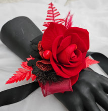 Load image into Gallery viewer, Everlasting flowers bright red & black corsage w glitter – school formal, prom, graduation, wedding