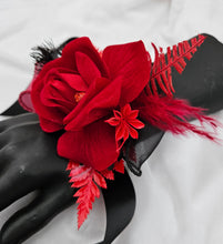 Load image into Gallery viewer, Everlasting flowers bright red & black corsage w glitter – school formal, prom, graduation, wedding