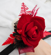 Load image into Gallery viewer, Everlasting flowers bright red & black corsage w glitter – school formal, prom, graduation, wedding