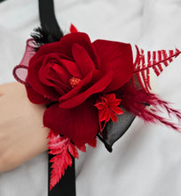 Load image into Gallery viewer, Everlasting flowers bright red & black corsage w glitter – school formal, prom, graduation, wedding