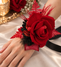 Load image into Gallery viewer, Everlasting flowers bright red & black corsage w glitter – school formal, prom, graduation, wedding