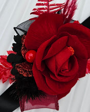 Load image into Gallery viewer, Everlasting flowers bright red & black corsage w glitter – school formal, prom, graduation, wedding