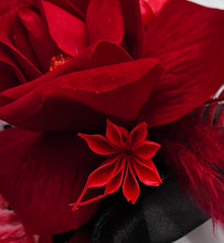 Load image into Gallery viewer, Everlasting flowers bright red & black corsage w glitter – school formal, prom, graduation, wedding