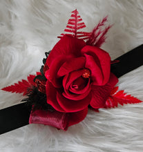Load image into Gallery viewer, Everlasting flowers bright red & black corsage w glitter – school formal, prom, graduation, wedding