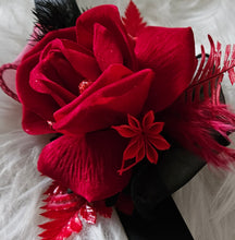 Load image into Gallery viewer, Everlasting flowers bright red & black corsage w glitter – school formal, prom, graduation, wedding