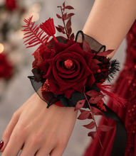 Load image into Gallery viewer, Burgundy, red & black everlasting flowers corsage w crystal – school formal, prom, graduation, wedding
