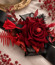 Load image into Gallery viewer, Burgundy, red & black everlasting flowers corsage w crystal – school formal, prom, graduation, wedding