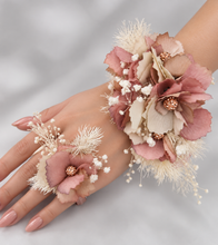 Load image into Gallery viewer, Blush & nude everlasting flowers corsage n buttonhole set w crystals – school formal, prom, graduation, wedding