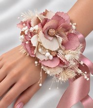 Load image into Gallery viewer, Blush & nude everlasting flowers corsage n buttonhole set w crystals – school formal, prom, graduation, wedding