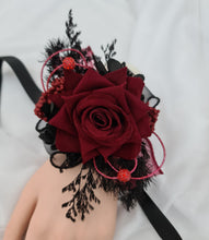 Load image into Gallery viewer, Burgundy & back everlasting flowers corsage w crystals – school formal, prom, graduation, wedding