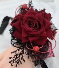 Load image into Gallery viewer, Burgundy & back everlasting flowers corsage w crystals – school formal, prom, graduation, wedding