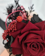Load image into Gallery viewer, Burgundy & back everlasting flowers corsage w crystals – school formal, prom, graduation, wedding