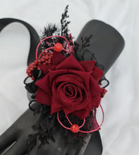 Load image into Gallery viewer, Burgundy & back everlasting flowers corsage w crystals – school formal, prom, graduation, wedding