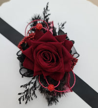 Load image into Gallery viewer, Burgundy & back everlasting flowers corsage w crystals – school formal, prom, graduation, wedding