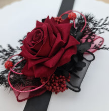 Load image into Gallery viewer, Burgundy & back everlasting flowers corsage w crystals – school formal, prom, graduation, wedding