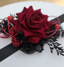 Load image into Gallery viewer, Burgundy & back everlasting flowers corsage w crystals – school formal, prom, graduation, wedding