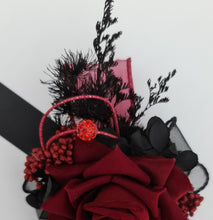 Load image into Gallery viewer, Burgundy & back everlasting flowers corsage w crystals – school formal, prom, graduation, wedding