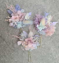 Load image into Gallery viewer, Preserved flowers bobby pin large x 3 nude & pastel violet, blue, pink, purple