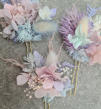 Load image into Gallery viewer, Preserved flowers bobby pin large x 3 nude & pastel violet, blue, pink, purple