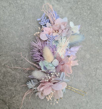 Load image into Gallery viewer, Preserved flowers bobby pin large x 3 nude & pastel violet, blue, pink, purple
