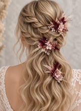Load image into Gallery viewer, Preserved flowers bobby pin large x 3 burgundy & dusty pink
