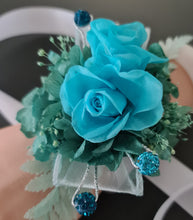 Load image into Gallery viewer, Preserved flowers corsage, turquoise, teal & mint w crystals – school formal, prom, graduation, wedding