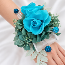Load image into Gallery viewer, Preserved flowers corsage, turquoise, teal & mint w crystals – school formal, prom, graduation, wedding