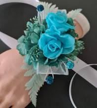 Load image into Gallery viewer, Preserved flowers corsage, turquoise, teal & mint w crystals – school formal, prom, graduation, wedding