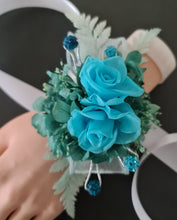 Load image into Gallery viewer, Preserved flowers corsage, turquoise, teal & mint w crystals – school formal, prom, graduation, wedding