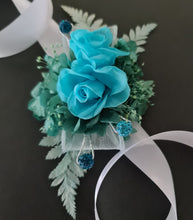 Load image into Gallery viewer, Preserved flowers corsage, turquoise, teal & mint w crystals – school formal, prom, graduation, wedding
