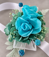 Load image into Gallery viewer, Preserved flowers corsage, turquoise, teal & mint w crystals – school formal, prom, graduation, wedding