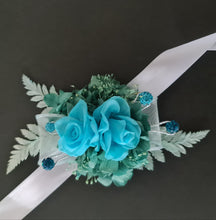 Load image into Gallery viewer, Preserved flowers corsage, turquoise, teal & mint w crystals – school formal, prom, graduation, wedding
