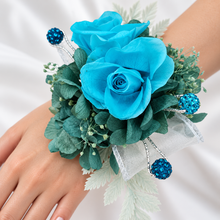 Load image into Gallery viewer, Preserved flowers corsage, turquoise, teal & mint w crystals – school formal, prom, graduation, wedding