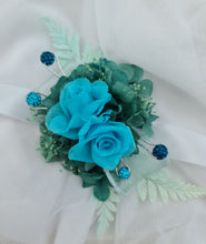 Load image into Gallery viewer, Preserved flowers corsage, turquoise, teal & mint w crystals – school formal, prom, graduation, wedding