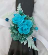 Load image into Gallery viewer, Preserved flowers corsage, turquoise, teal & mint w crystals – school formal, prom, graduation, wedding