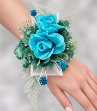 Load image into Gallery viewer, Preserved flowers corsage, turquoise, teal & mint w crystals – school formal, prom, graduation, wedding