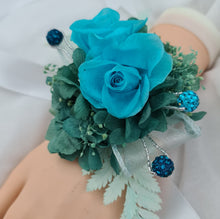 Load image into Gallery viewer, Preserved flowers corsage, turquoise, teal & mint w crystals – school formal, prom, graduation, wedding